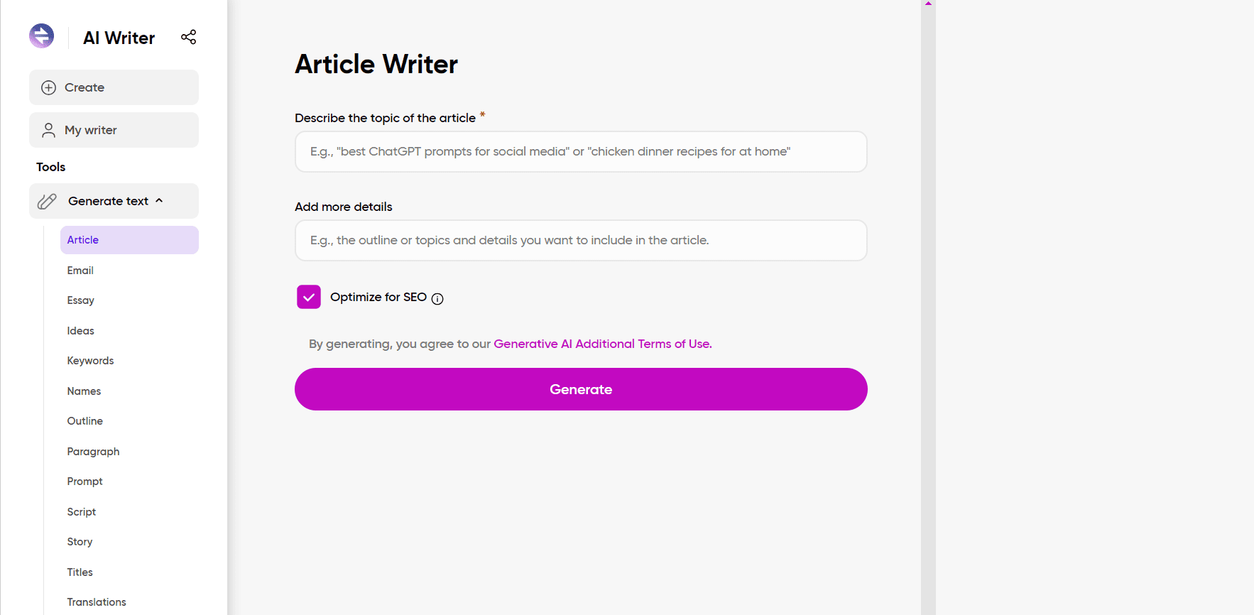 Quicktools by Picsart AI text generator.