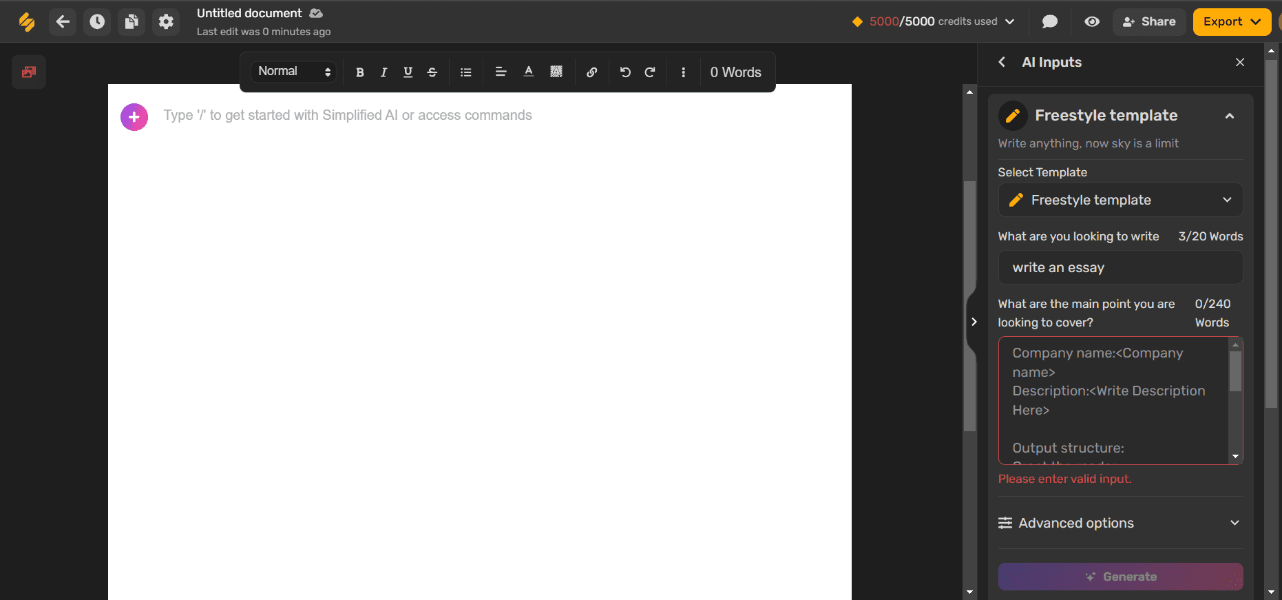 Simplified AI text generator.