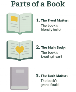 Parts of a book: the front matter, main body, and the back matter.