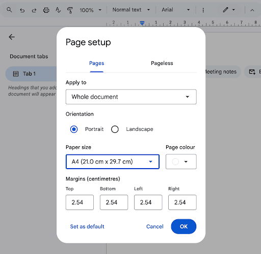 Google Docs ‘Page setup’ dialog showing A4 paper size, portrait orientation, and 2.54 cm margins on all sides.