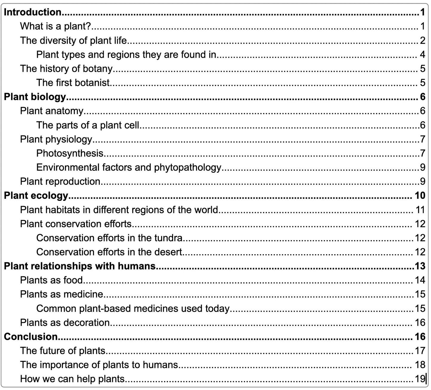 Table of contents with dotted lines connecting chapter titles to page numbers, ideal for print books with multiple chapters and subheadings in Google Docs.