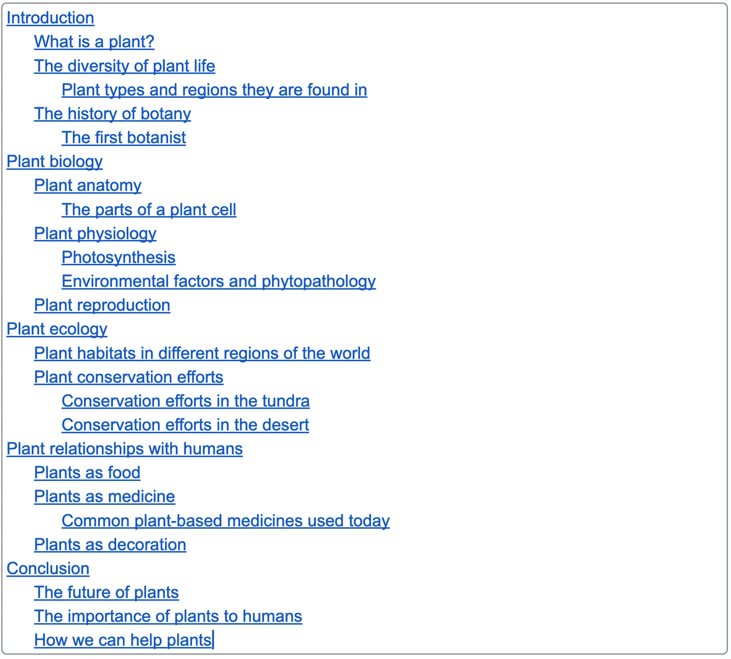 Google Docs auto-generated table of contents listing hierarchical topics about plants, from Introduction through Conclusion, with clickable links to each section