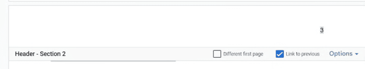 Google Doc Header in section 2 with ‘Link to previous’ selected.