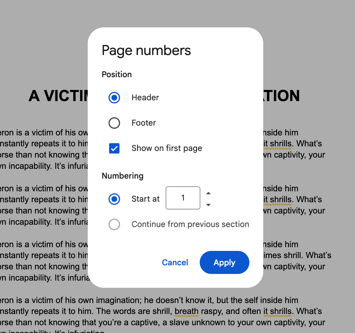 Google Docs 'Page numbers' dialog with position options (Header or Footer), 'Show on first page' checkbox, and numbering set to start at