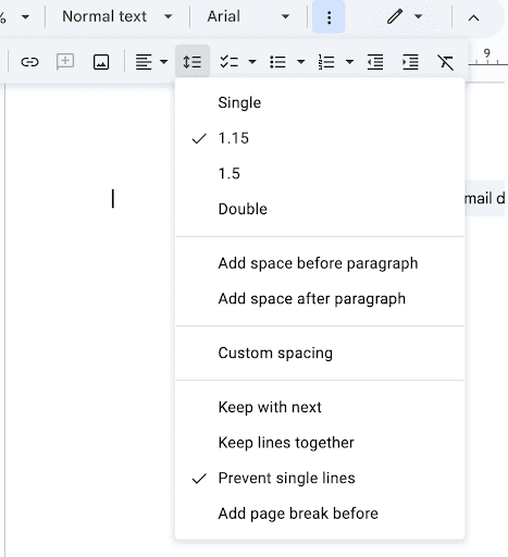 Google Docs line and paragraph spacing dropdown showing options like Single, 1.15, 1.5, Double, and custom spacing controls.
