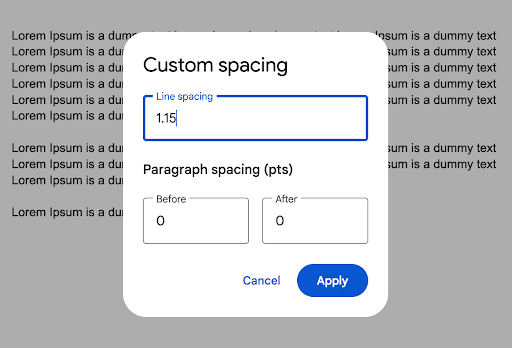 Custom spacing settings dialog in Google Docs with line spacing field at 1.15 and paragraph spacing before and after both at 0.