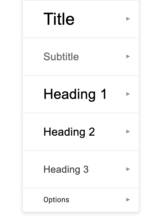 Google Docs styles menu displaying available paragraph formatting options: Title, Subtitle, and Heading levels 1 through 3.
