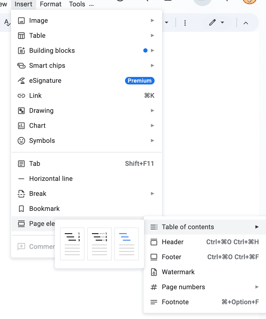 Google Docs Insert menu with Page elements submenu open, showing Table of contents option with three style previews and options for Header, Footer, Watermark, Page numbers, and Footnote.