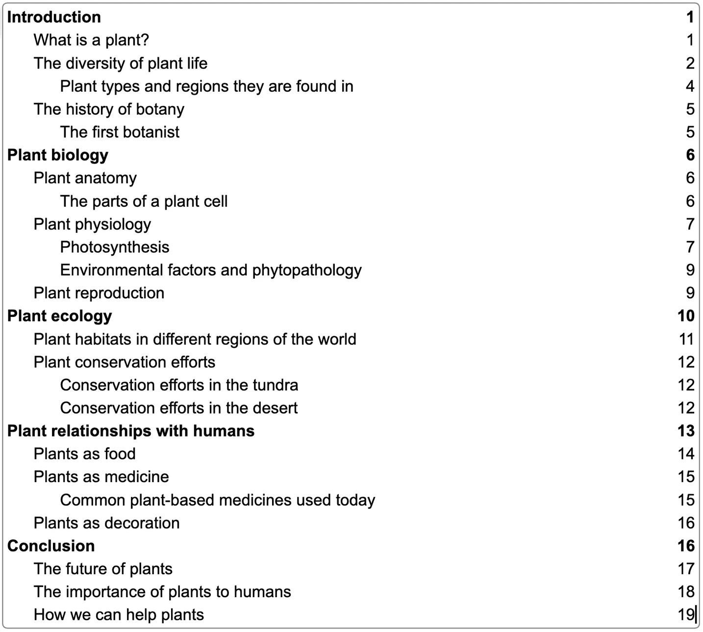 Simple table of contents listing chapters and subheadings with page numbers separated by a space, the basic Google Docs style.